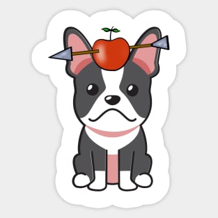 Funny french bulldog is playing william tell with an apple and arrow Sticker